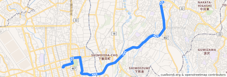 Mapa del recorrido 湘07 下飯田経由 湘南台駅東口行 de la línea  en Kanagawa Prefecture.