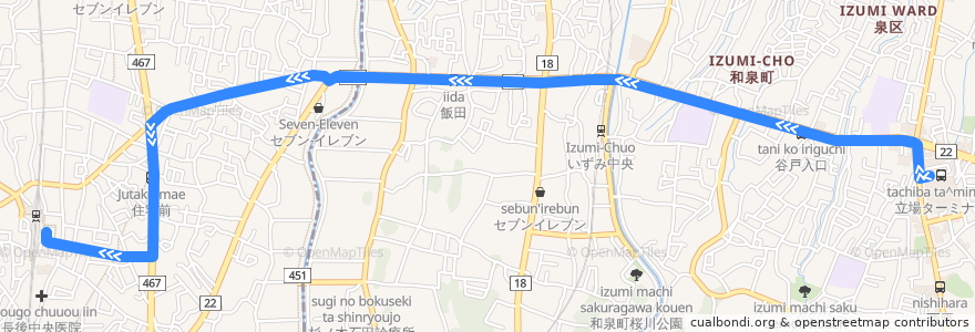 Mapa del recorrido 長54 立場ターミナル→飯田→長後駅 de la línea  en Prefectura de Kanagawa.