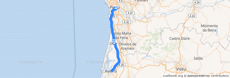 Mapa del recorrido Comboio Urbano: Porto (São Bento) => Aveiro de la línea  en 포르투갈.