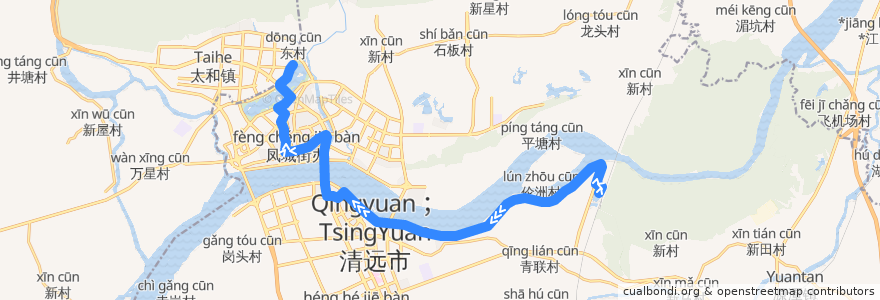 Mapa del recorrido 清远105路公交（武广高铁站→飞来湖总站） de la línea  en Qingcheng.