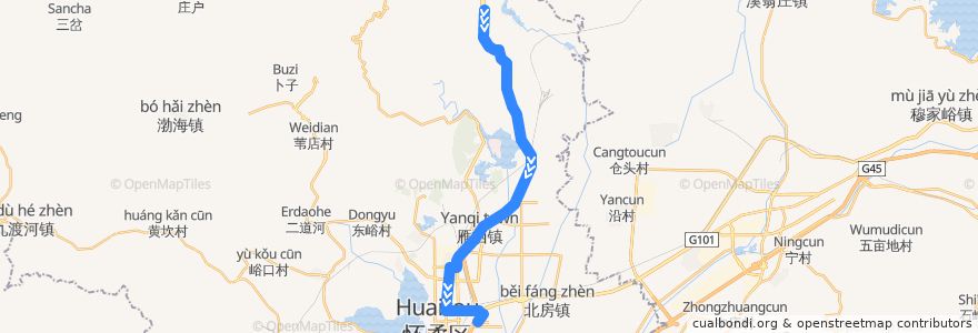 Mapa del recorrido H64 怀柔区新医院北>河防口 de la línea  en 懐柔区.