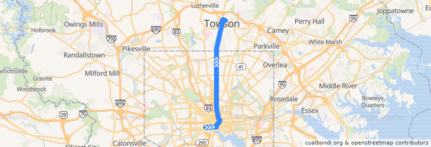 Mapa del recorrido CityLink Red: Towson Town Center de la línea  en Maryland.