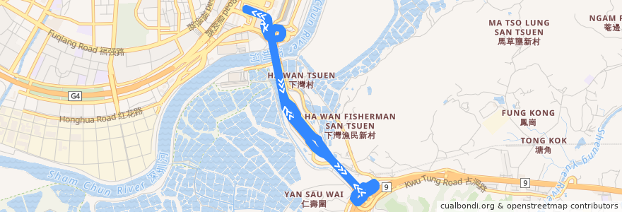 Mapa del recorrido 皇巴士 (落馬洲↔皇崗口岸 Lok Ma Chau↔Huanggang) de la línea  en 香港 Hong Kong.