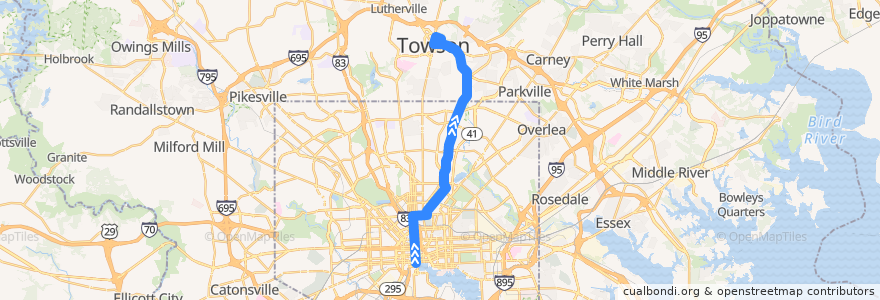 Mapa del recorrido CityLink Green: Towson de la línea  en ماريلاند.
