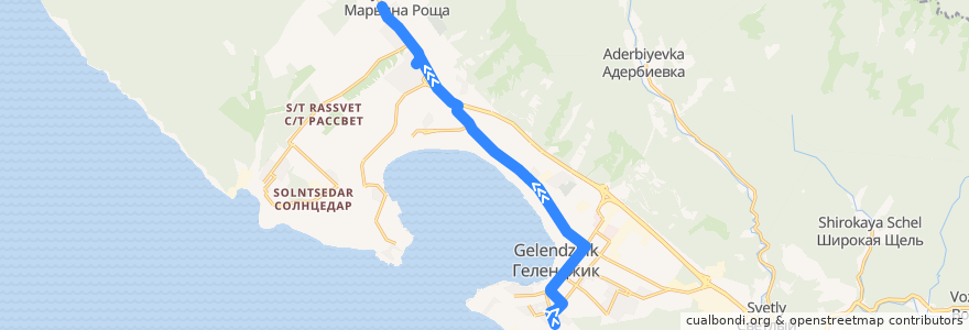 Mapa del recorrido Автобус №7: ул. Молодежная - Марьина роща (Прямой) de la línea  en городской округ Геленджик.