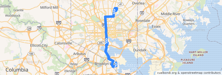 Mapa del recorrido CityLink Silver: Morgan State University de la línea  en Балтимор.