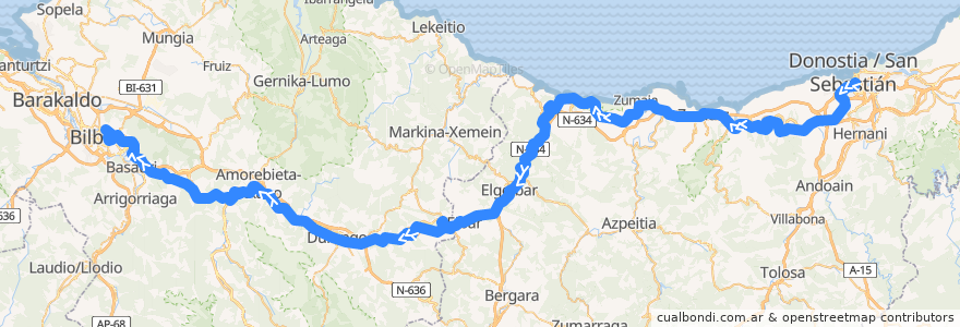 Mapa del recorrido E1 (Donostia-Amara → Bilbao-Matiko) de la línea  en Negara basque.