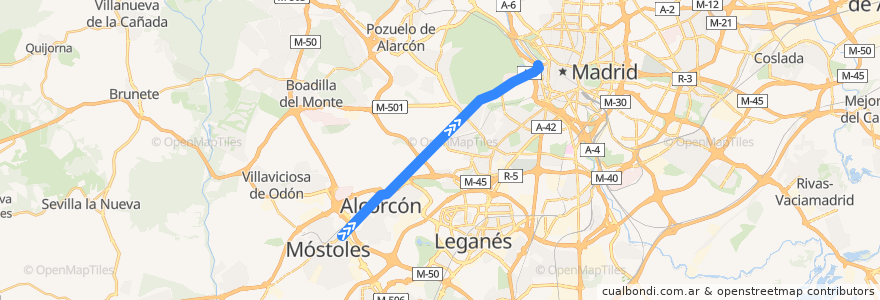Mapa del recorrido N501: Mostoles - Madrid de la línea  en بخش خودمختار مادرید.