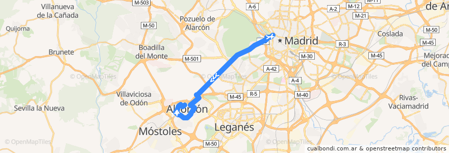 Mapa del recorrido N502: Madrid - Alcorcón de la línea  en Community of Madrid.