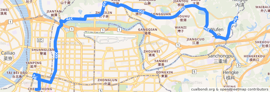 Mapa del recorrido 臺北市 內湖幹線 東湖-衡陽路 (往衡陽路) de la línea  en 臺北市.