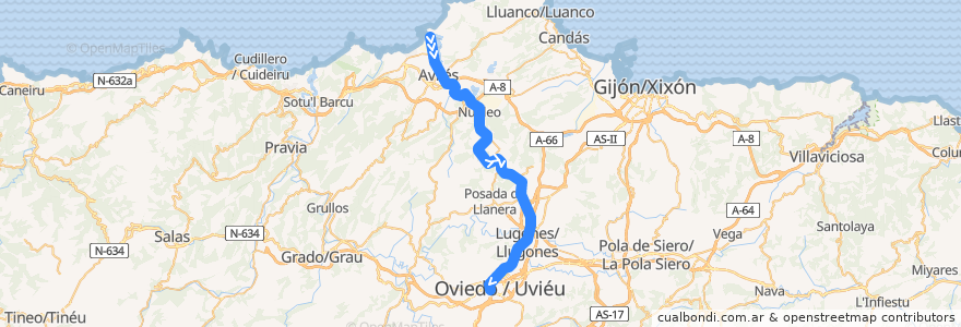 Mapa del recorrido Línea C3 - San Juan de Nieva - Oviedo de la línea  en أستورياس.