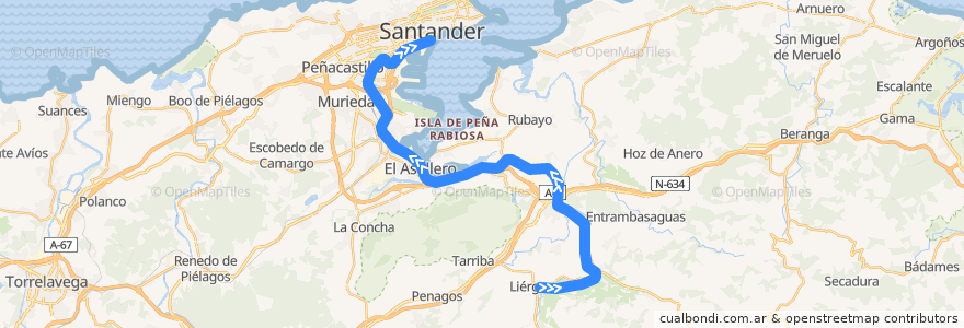 Mapa del recorrido S-2 Liérganes -Santander de la línea  en Cantabria.