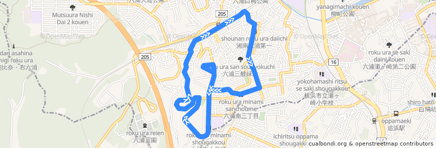 Mapa del recorrido 六浦駅循環 de la línea  en Yokohama.