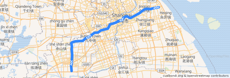Mapa del recorrido Metro 9号线: 曹路 → 松江南站 de la línea  en Şanghay.
