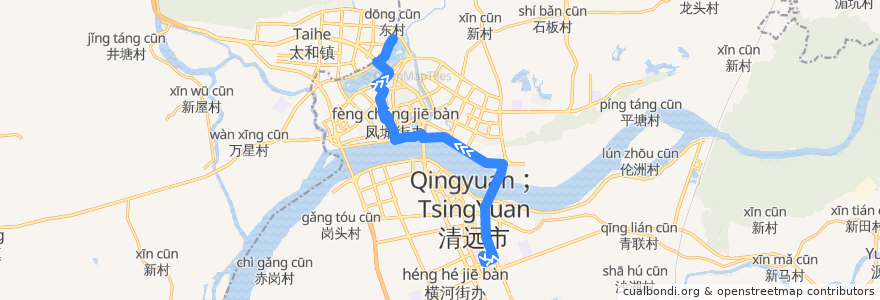 Mapa del recorrido 清远113路公交(飞来湖总站→市人医（东）) de la línea  en Qingcheng.