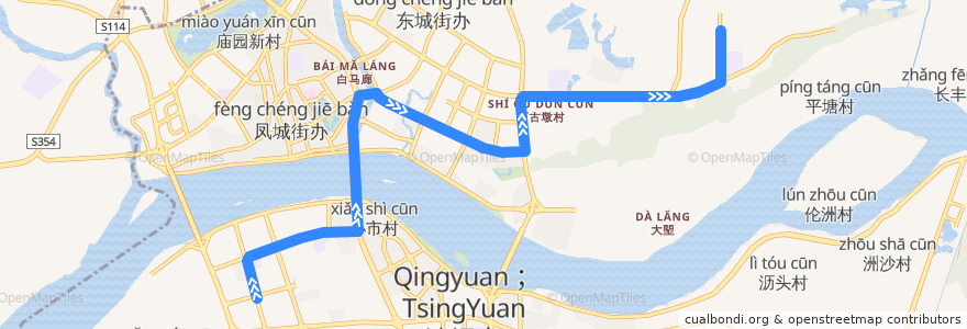 Mapa del recorrido 清远115路公交（胜利茶博城→清远工贸职业技术学校） de la línea  en Distretto di Qingcheng.