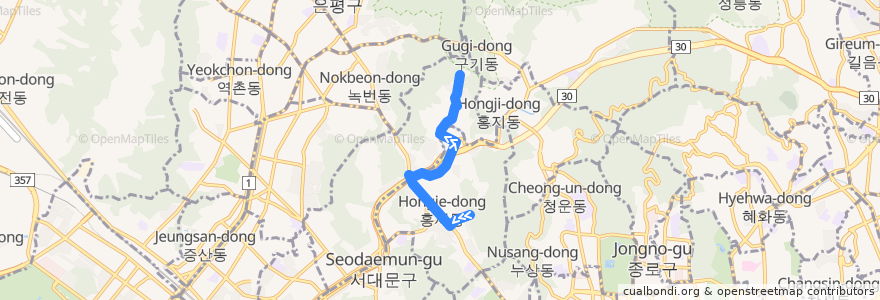 Mapa del recorrido 서대문13 de la línea  en Seodaemun-gu.