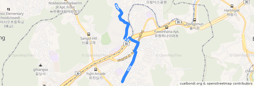 Mapa del recorrido 서대문12 de la línea  en 西大門區.