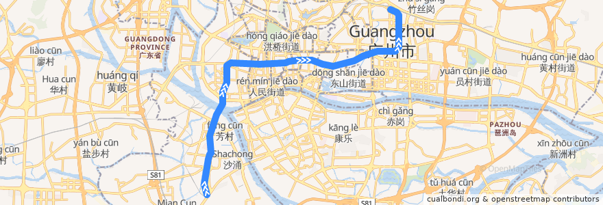 Mapa del recorrido 广州地铁1号线（西塱→广州东站） de la línea  en Canton.