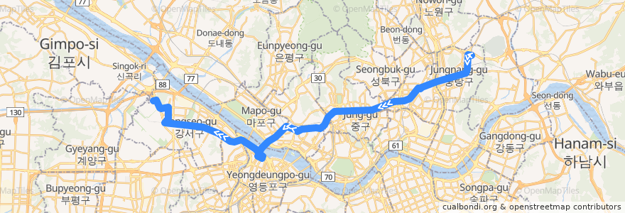 Mapa del recorrido N26 (개화역광역환승센터 방면) de la línea  en 서울특별시.