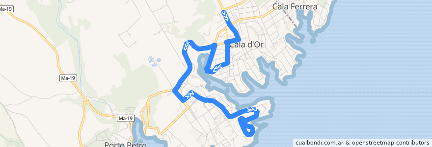 Mapa del recorrido Cala d'Or Express: Cala d'Or → Cala Egos → Es Fortí de la línea  en バレアレス諸島.
