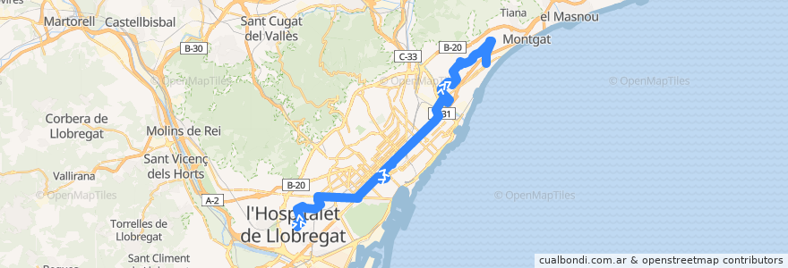 Mapa del recorrido N2 L'Hospitalet de L. => Pl. Catalunya => Badalona de la línea  en Барселонес.