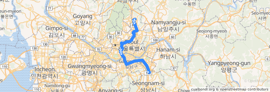 Mapa del recorrido N13 de la línea  en 서울특별시.