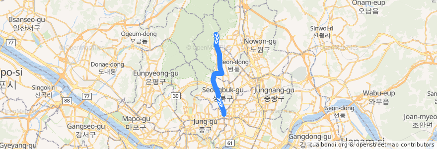 Mapa del recorrido 서울 경전철 우이신설선: 북한산우이 → 신설동 de la línea  en 서울특별시.