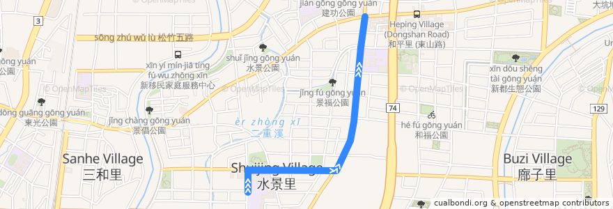 Mapa del recorrido 21路 (繞駛東山高中_往程) de la línea  en 北屯区.