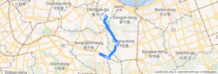 Mapa del recorrido 동작14 (달마사(흑석동) 방면) de la línea  en Seoul.