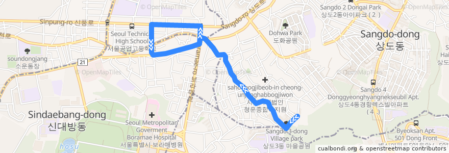 Mapa del recorrido 동작19 de la línea  en Dongjak-gu.