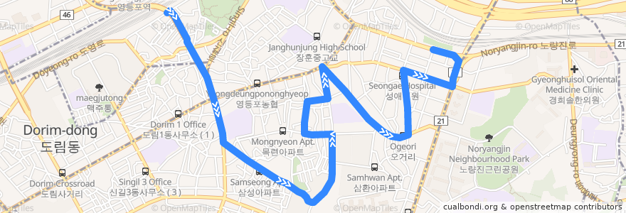 Mapa del recorrido 영등포06 de la línea  en 영등포구.