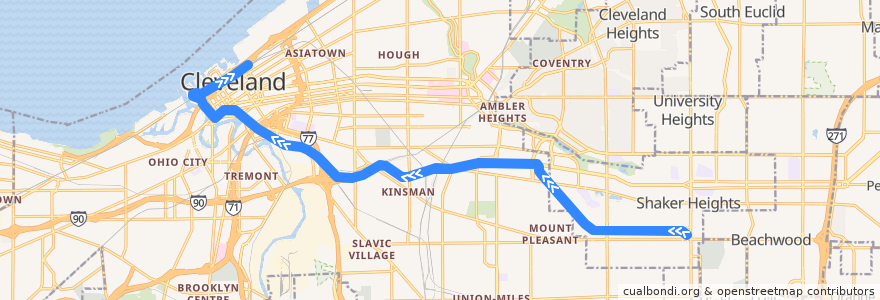 Mapa del recorrido RTA Blue Line: Warrensville–Van Aken → South Harbor de la línea  en مقاطعة كاياهوغا.