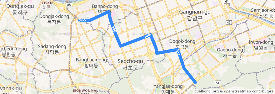 Mapa del recorrido 서초21 (양재IC 방면) de la línea  en 서울특별시.