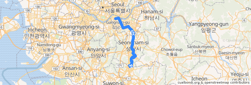 Mapa del recorrido 9407 de la línea  en 대한민국.