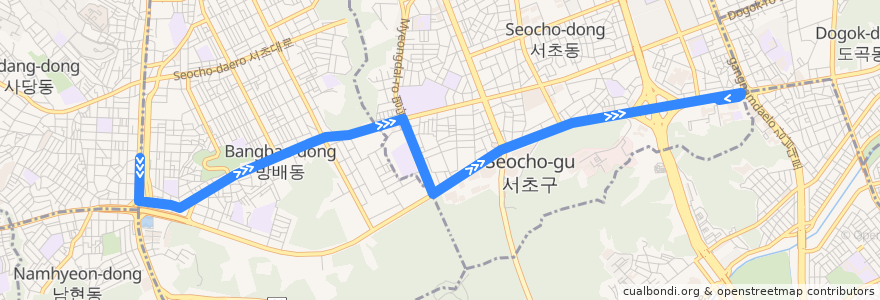 Mapa del recorrido 서초17 (사당역 방면) de la línea  en 서초구.