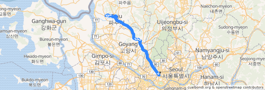Mapa del recorrido 9709 (맥금동 방면) de la línea  en 대한민국.