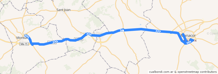 Mapa del recorrido Bus 421: Montuïri → Manacor de la línea  en Ilhas Baleares.