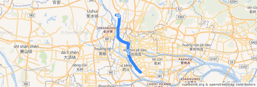 Mapa del recorrido 521路(凰岗总站-石溪总站) de la línea  en 広州市.
