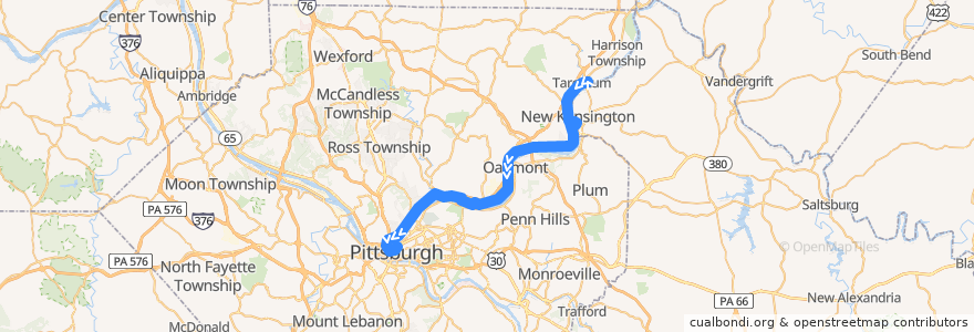 Mapa del recorrido PAT 1 Freeport Road (inbound) de la línea  en Allegheny County.