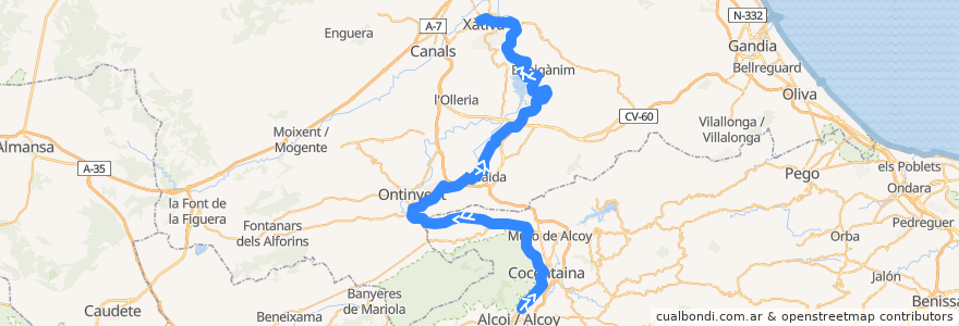 Mapa del recorrido Línea 47 (Alcoi-Xàtiva) de la línea  en Comunidade Valenciana.