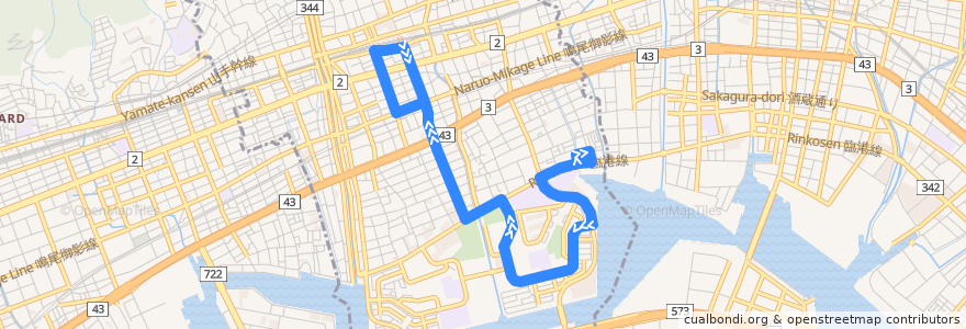 Mapa del recorrido 59：大東町～新浜町～芦屋浜(営)～呉川町～JR芦屋南口 de la línea  en 兵庫県.