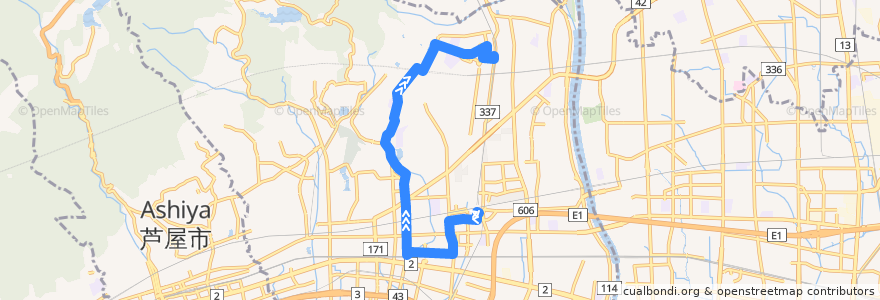 Mapa del recorrido 11：西宮北口→JR西宮→中村→上ヶ原六番町→甲東園 de la línea  en 니시노미야시.