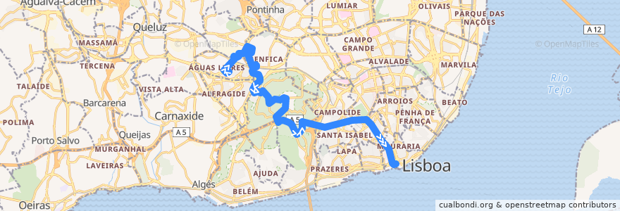 Mapa del recorrido Bus 711: Alto da Damaia → Terreiro do Paço de la línea  en Lizbon.