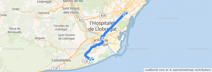 Mapa del recorrido N17 El Prat de Llobregat (Aeroport T1) => Barcelona (Pl. Catalunya) de la línea  en Barcelona.