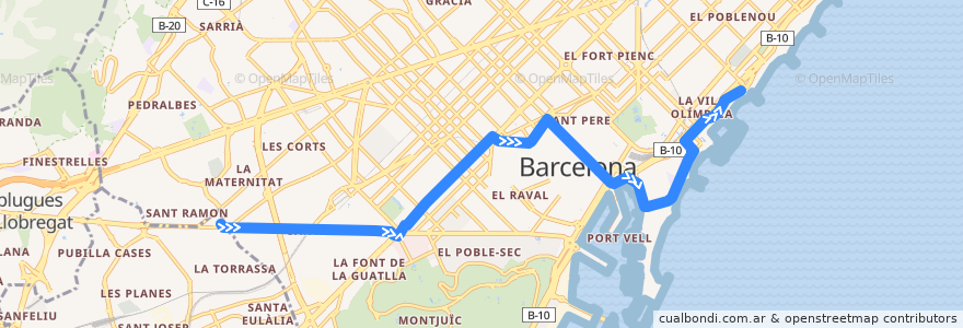 Mapa del recorrido N28 Collblanc => Pl. Catalunya => Port Olímpic de la línea  en 바르셀로나.
