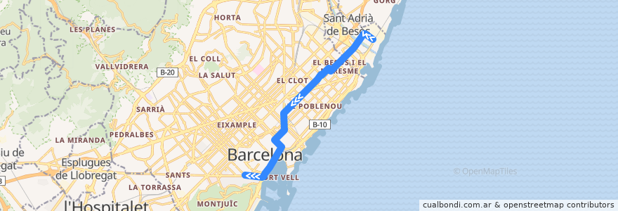 Mapa del recorrido H14: Sant Adrià => Paral·lel de la línea  en 巴塞罗那.