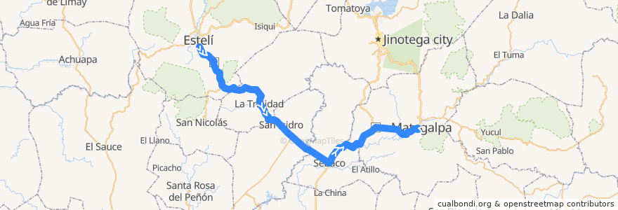 Mapa del recorrido Estelí - Matagalpa de la línea  en Nikaragua.