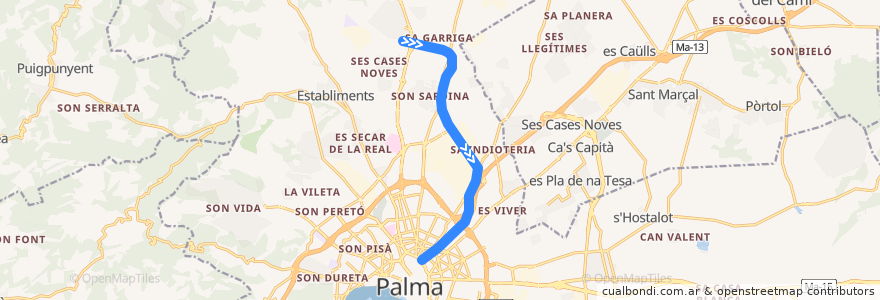 Mapa del recorrido Metro M1: UIB → Plaça d'Espanya de la línea  en 팔마데.