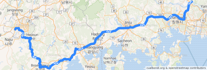 Mapa del recorrido 경전선 광주송정역 방면 de la línea  en Corée du Sud.